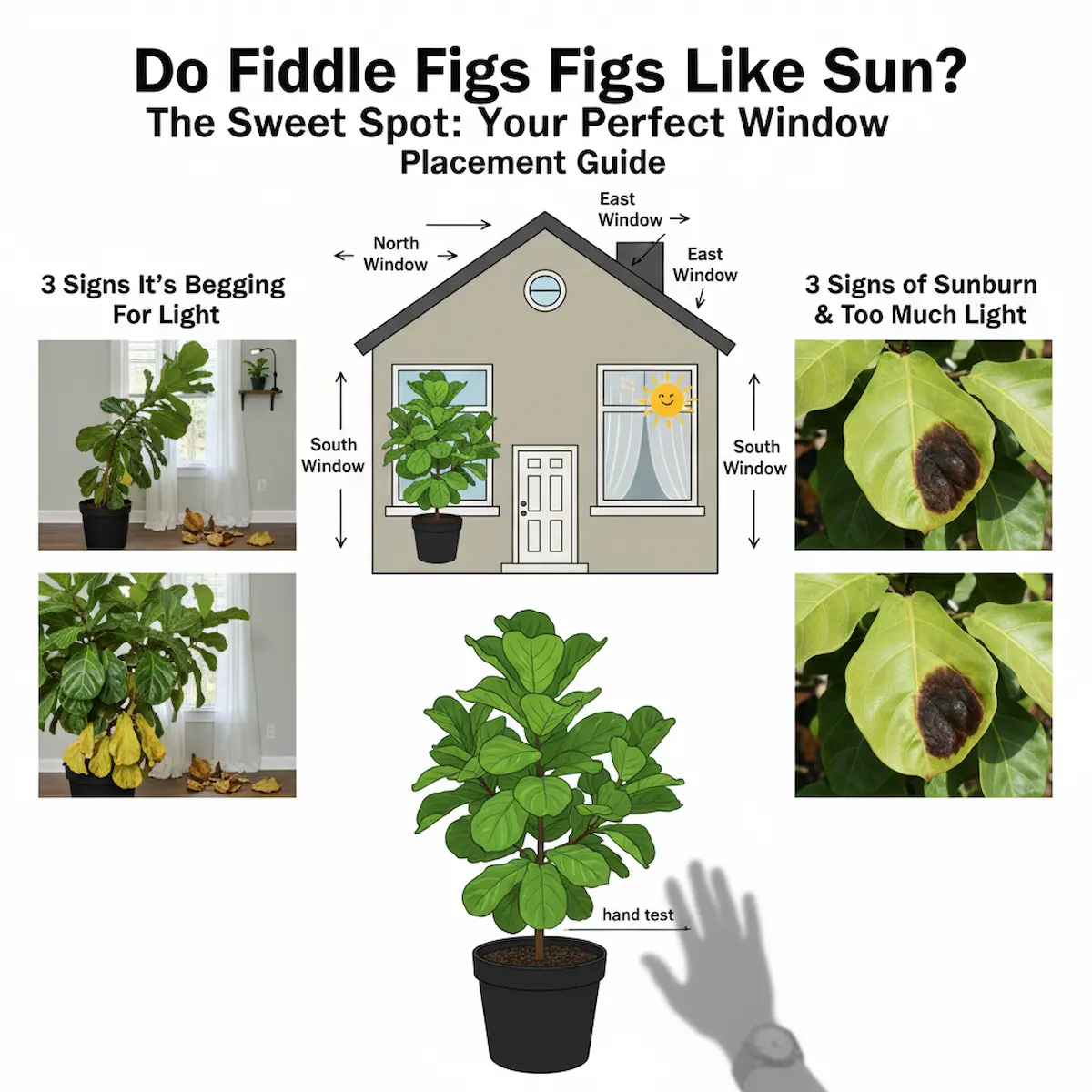 Infographic of best window placement for houseplants like Fiddle Leaf Fig.