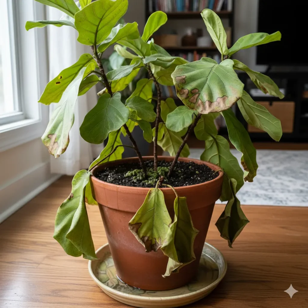 “Yellow leaves caused by overwatering fiddle leaf fig”