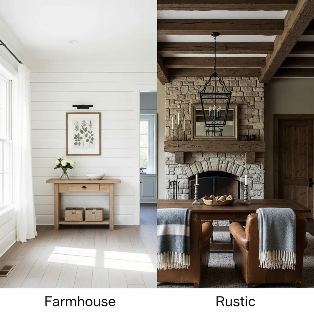 Visual comparison of farmhouse rustic home decor versus pure rustic home decor, highlighting the distinct differences in texture and finish.