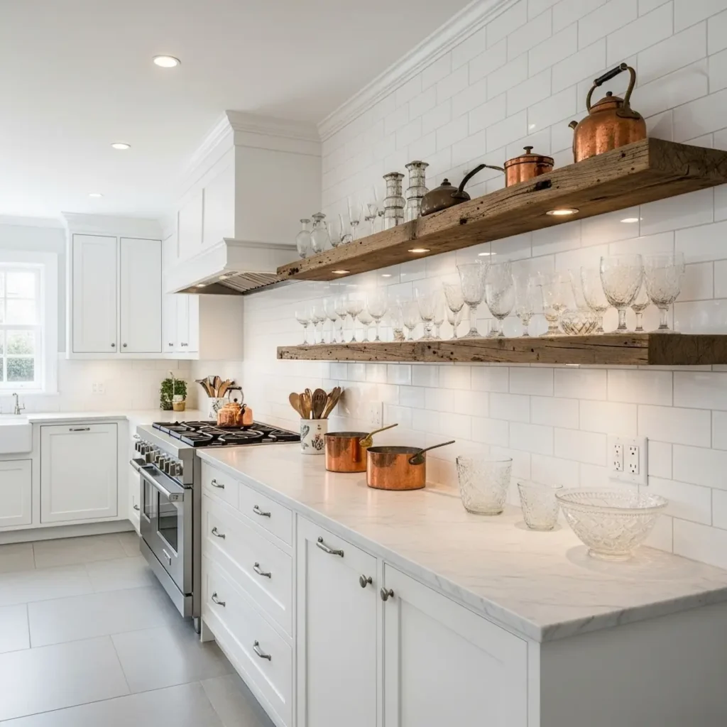 Rustic home decor kitchen design featuring open shelves made from reclaimed wood paired with modern, sleek white cabinets.