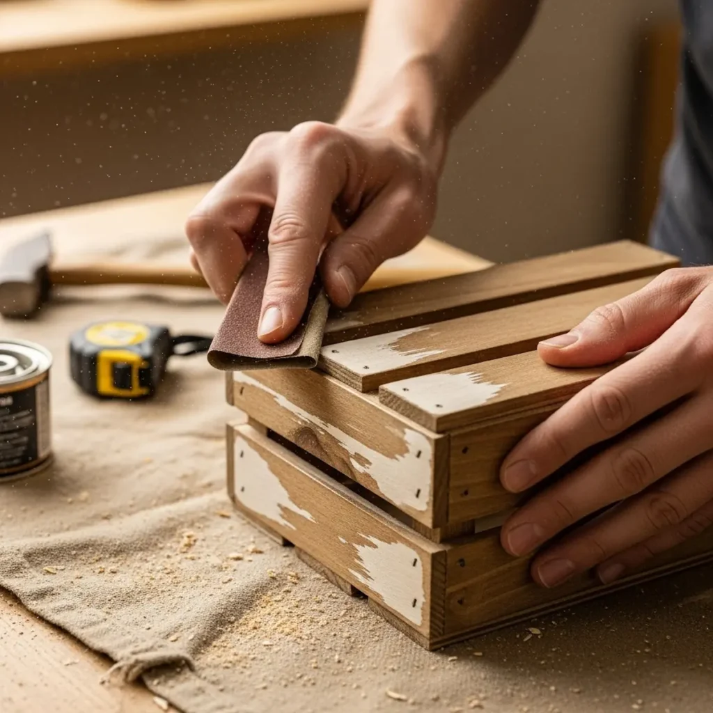 DIY rustic wall decor project using old wood to create a distressed finish for affordable rustic home decor ideas.