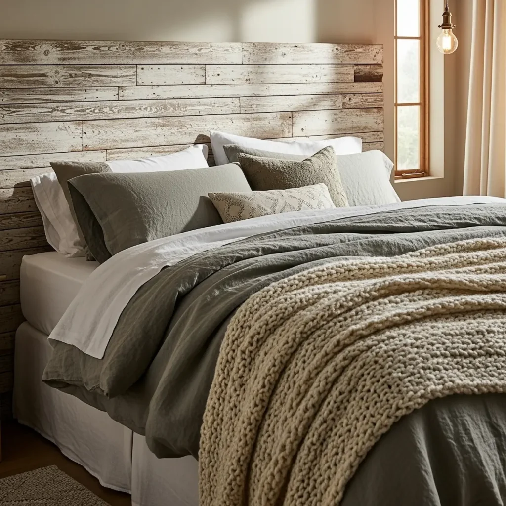 Rustic home decor bedroom setting with a simple wooden plank headboard and soft layered textiles, creating a cozy and warm atmosphere.
