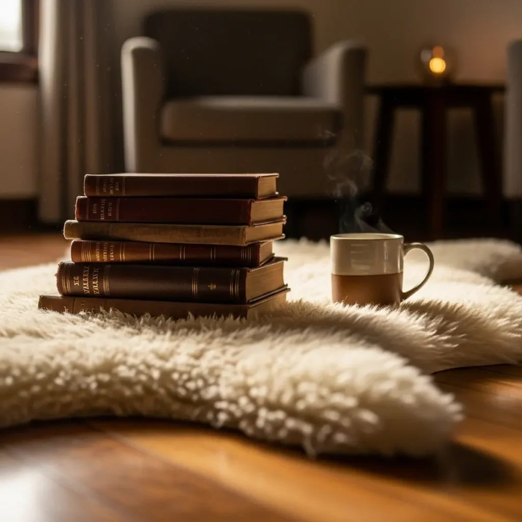 Final look at modern vintage home decor, showing layered textures and antique books for a cozy, inviting atmosphere.