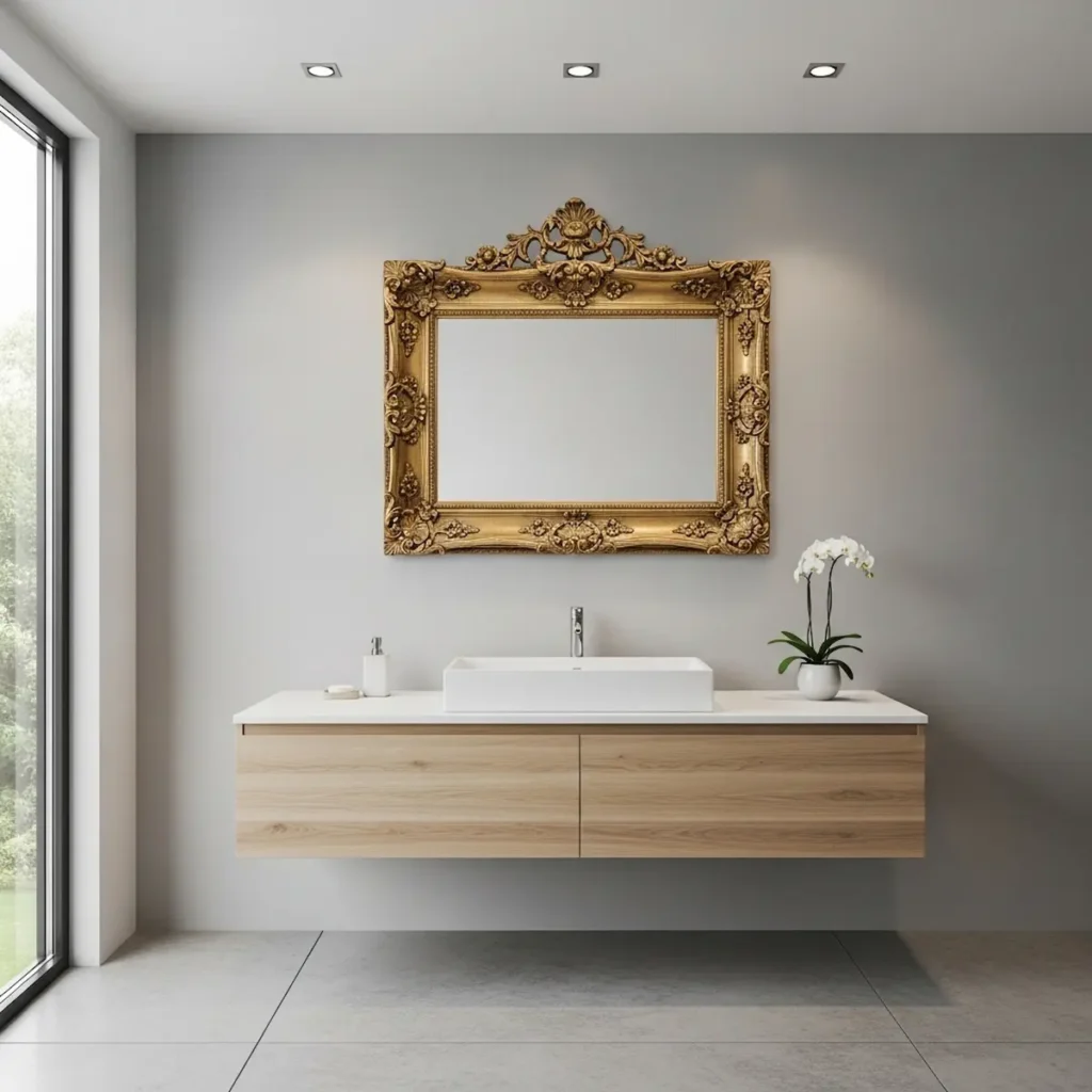 Vintage home decor ideas for the bathroom: ornate vintage mirror above a modern sink to blend styles effectively.