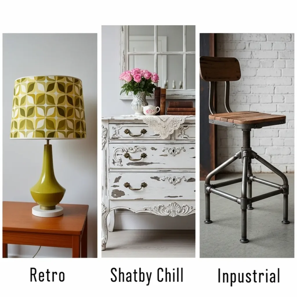 Collage of key vintage home decor ideas: Retro, Industrial, and Shabby Chic styles for modern vintage home decor inspiration.