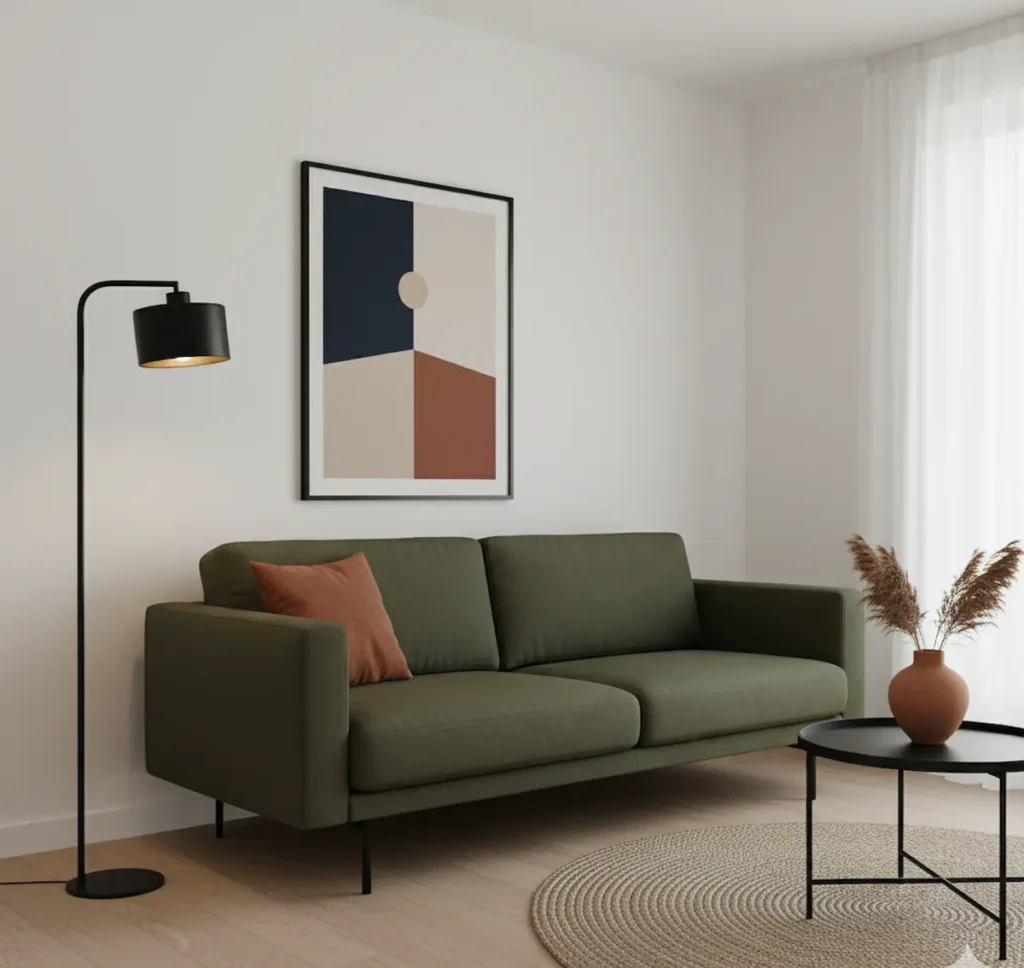 Modern home decor living room featuring an olive green sofa against light neutral walls, emphasizing clean lines and a simple, functional modern color palette.