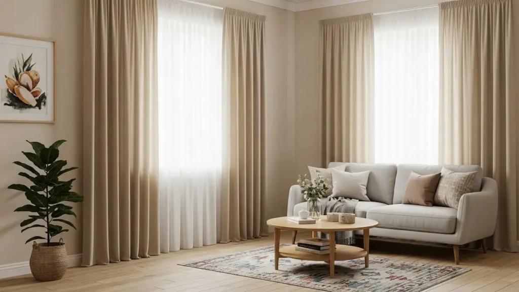 Window curtain ideas for living room that make small spaces look bigger, using curtains that match the wall color seamlessly.