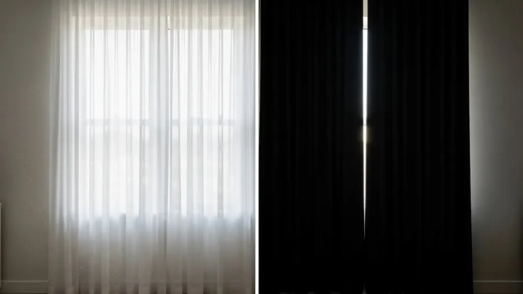 Comparison of sheer vs. blackout living room drapes and curtains ideas for controlling light and privacy in a living space.