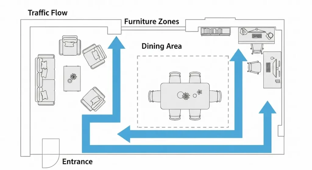Best open-plan living room layout ideas showcasing furniture arrangement and traffic flow.