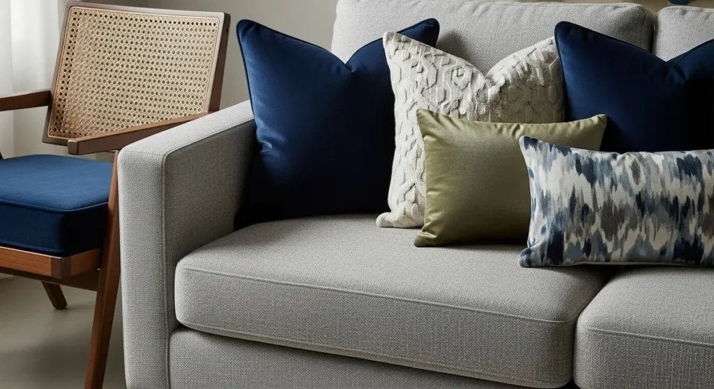 Stylish modern sofa placement complemented by accent chairs and layered throw pillows.