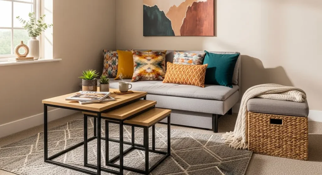 Smart small living room furniture ideas: a multi-functional ottoman with hidden storage and nesting coffee tables.