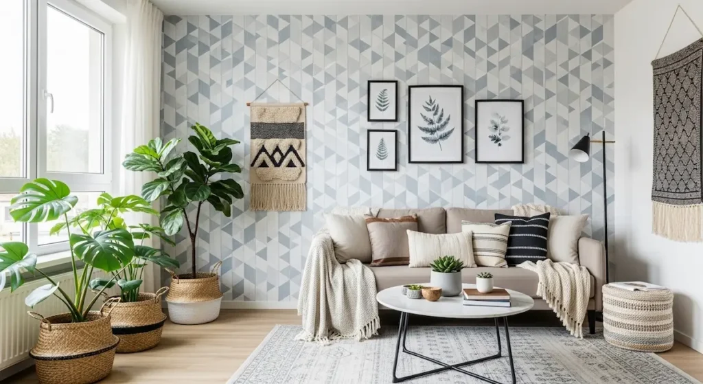 Small apartment living room decorating ideas for renters: peel-and-stick wallpaper and damage-free wall art.