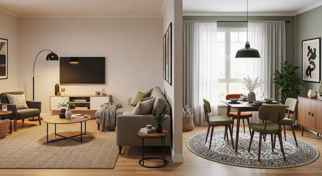 Smart small living room dining room combo layout ideas using an area rug to define distinct functional zones.