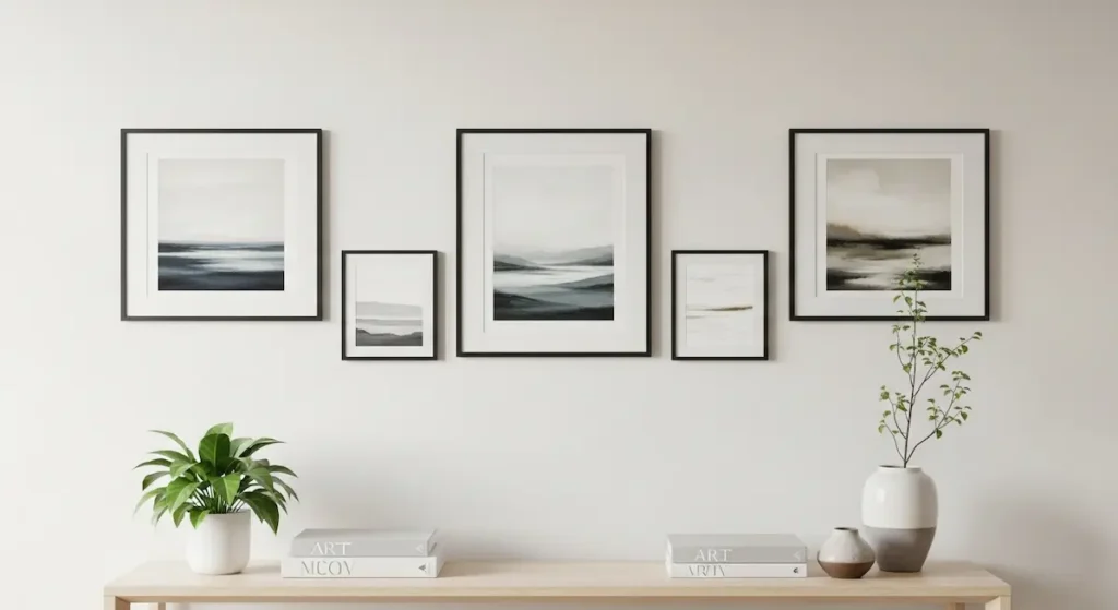 Affordable DIY living room wall decor ideas: a simple gallery wall above a console table.