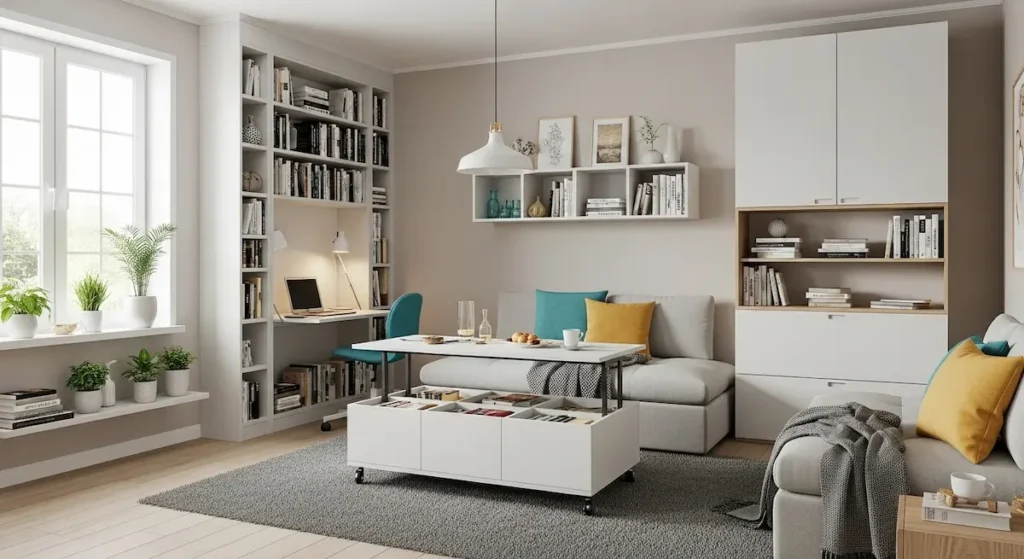Small apartment living room ideas using vertical storage and a multi-functional ottoman for space saving.