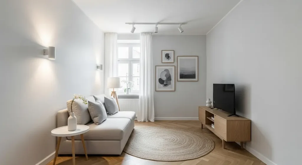 Best small living room color ideas using a monochromatic palette and vertical small living room lighting ideas.