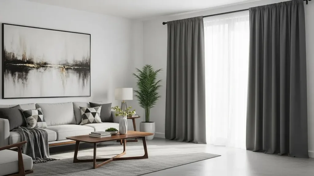 Modern living room curtain ideas featuring clean, solid-colored drapes on a minimalist rod, perfect for a contemporary aesthetic.