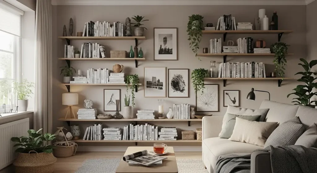 Small apartment living room ideas with vertical storage solutions, including floating shelves and a tall gallery wall.