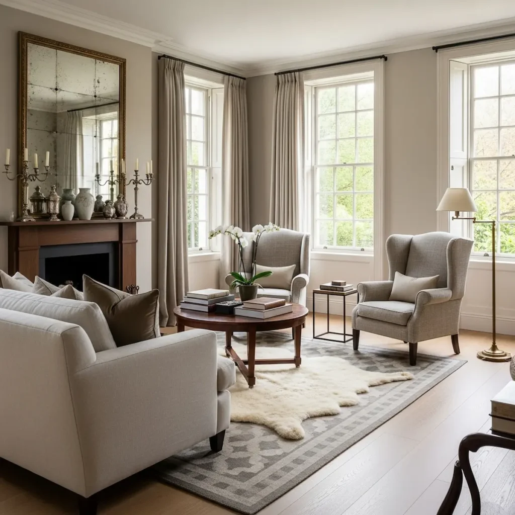 French country decor styled room with layered textures, neutral colors, and antique furniture
