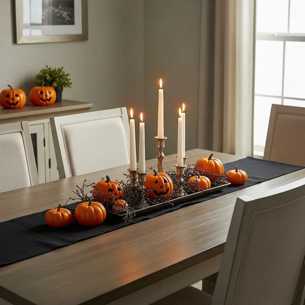 “Halloween table and shelf décor ideas with pumpkins and candle accents”