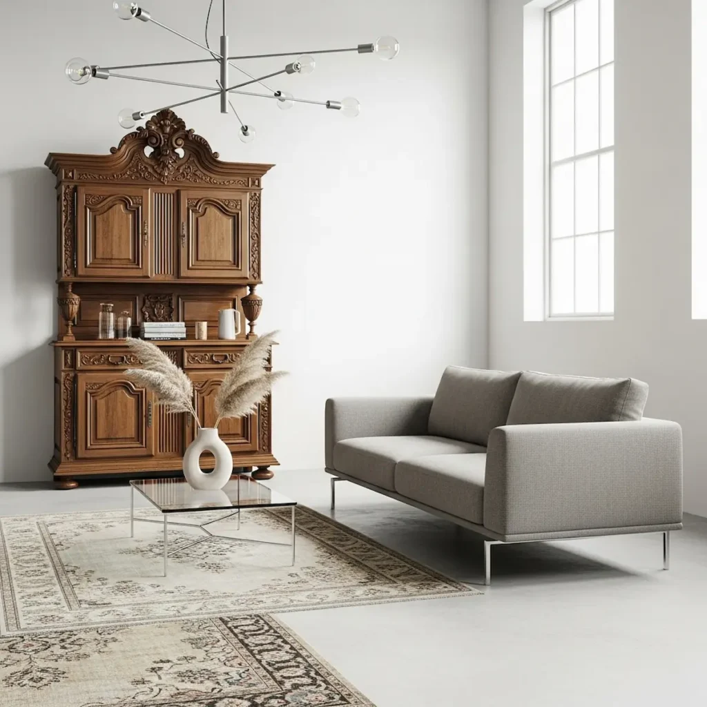 "Modern home with French country decor elements and minimalist design balance