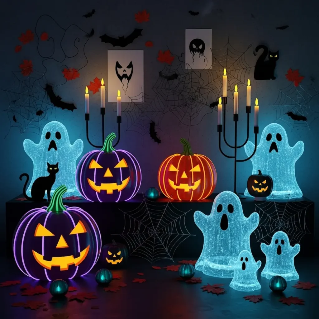 “Trendy Halloween decorations 2026 with neon pumpkins and modern spooky props”