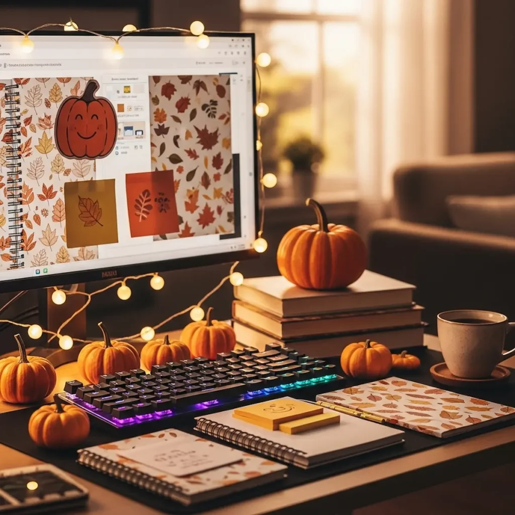  “Professional office Halloween decorations with pumpkins and subtle LED lighting”