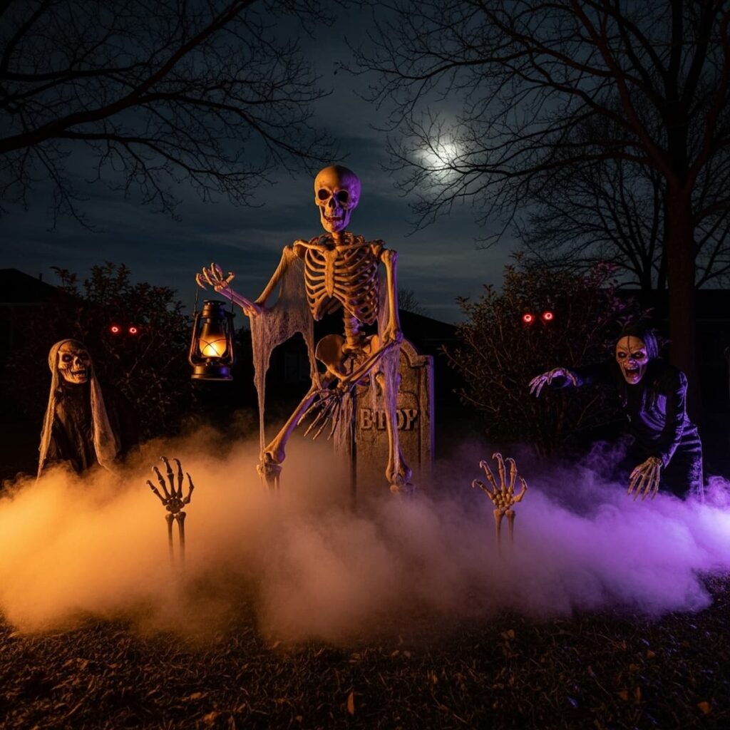 Creepy and scary Halloween decorations with skeletons and fog for 2026”