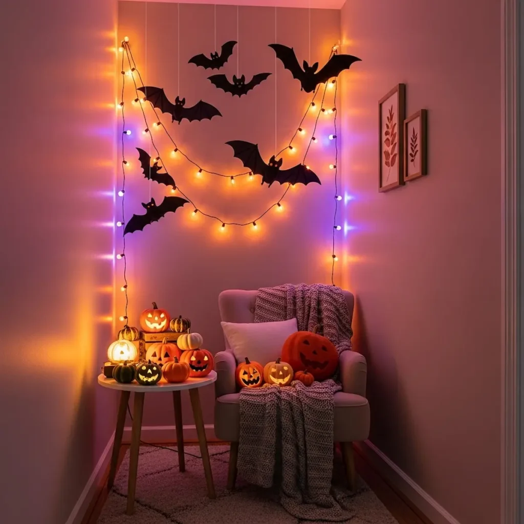 “Halloween decorations for small rooms with bats, pumpkins, and LED lights”