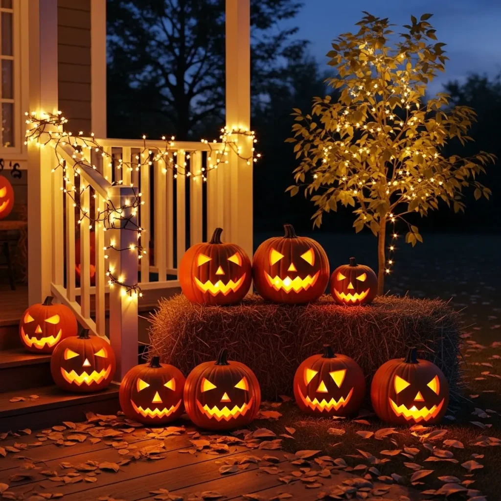  “Halloween lighting ideas 2026 with LED string lights and glowing pumpkins outdoors”
