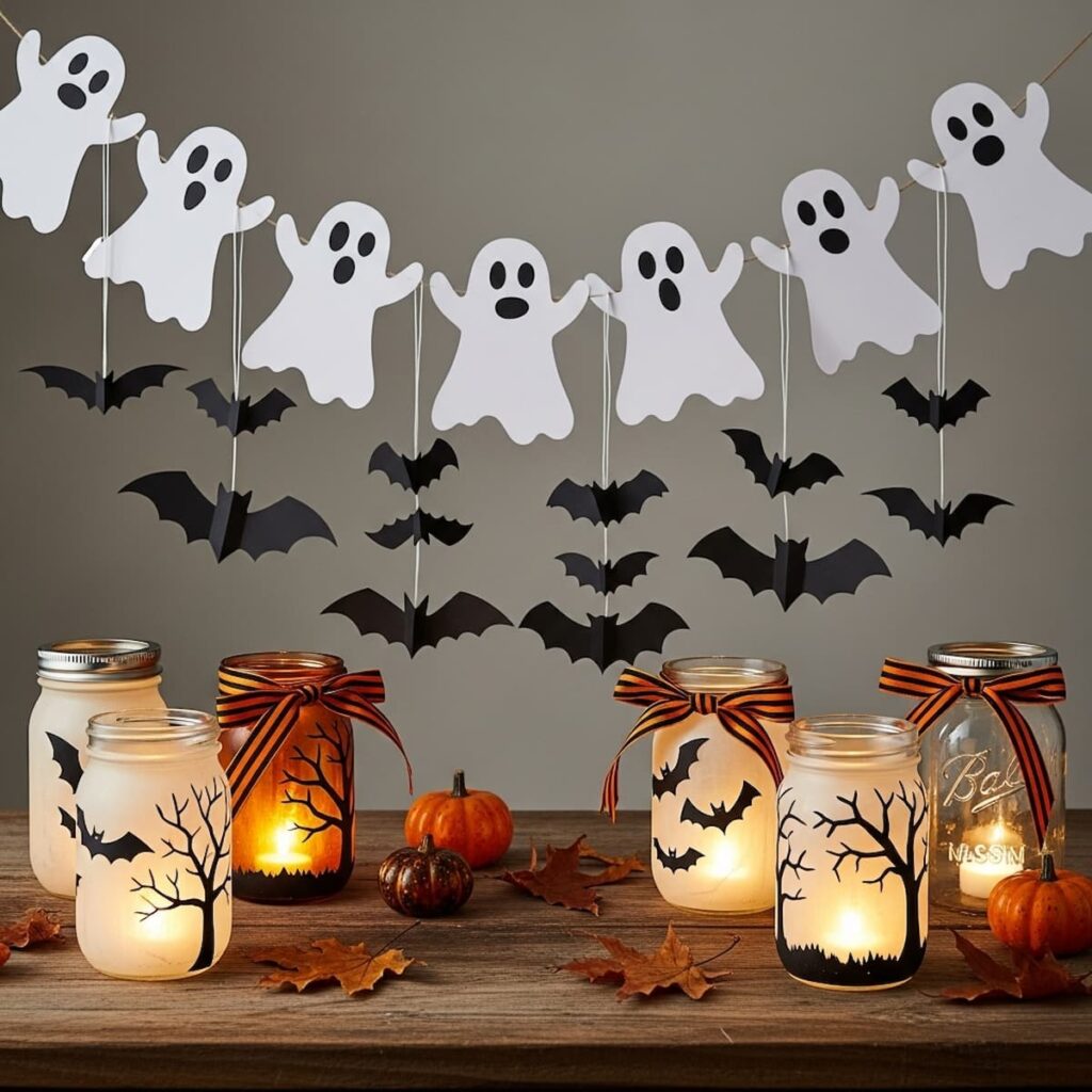 “Easy DIY Halloween decorations for beginners with paper bats and ghost garlands”