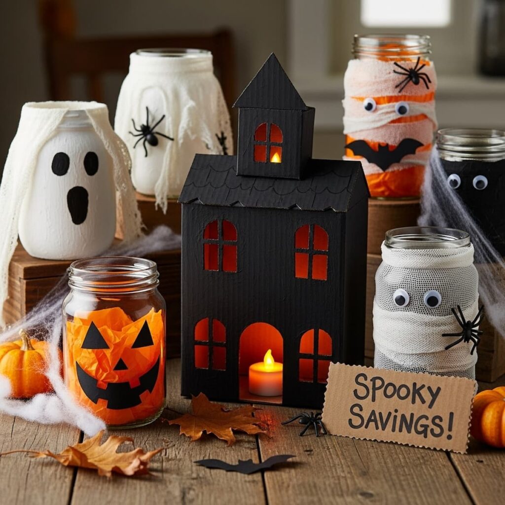 “Cheap DIY Halloween decorations on a budget using cardboard and jars”