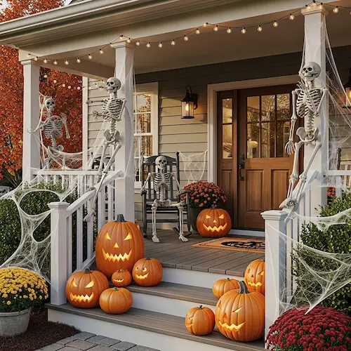 Outdoor Halloween decorations 2026 with pumpkins, skeletons, and lights”