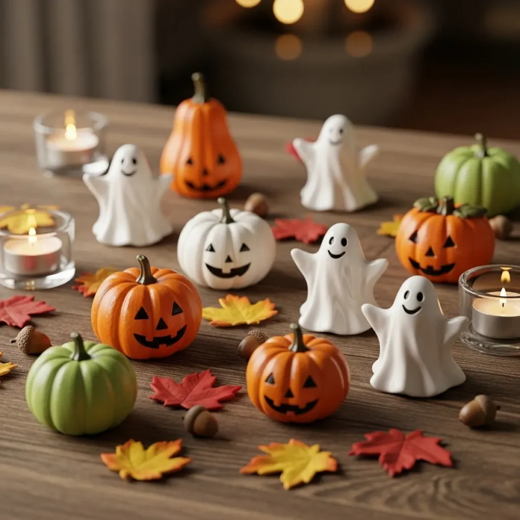 “Cute and fun Halloween decorations with mini pumpkins and friendly ghosts”