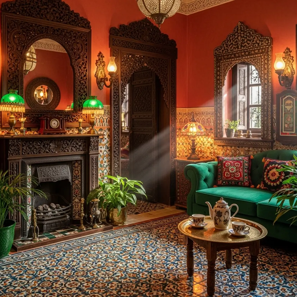 Moroccan home decor style with colorful tiles, carved wood, and layered textures.
