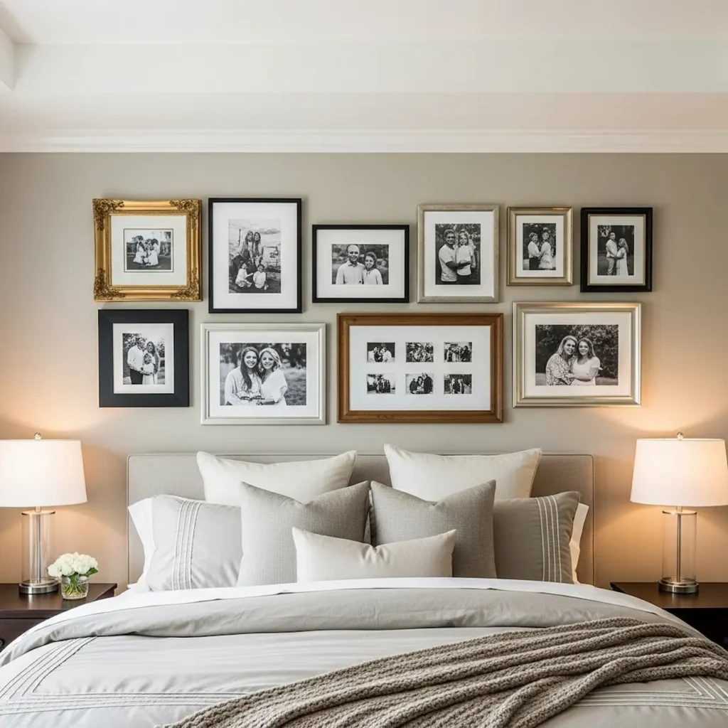  Elegant master bedroom wall decor with neutral accent wall and framed artwork above the bed
