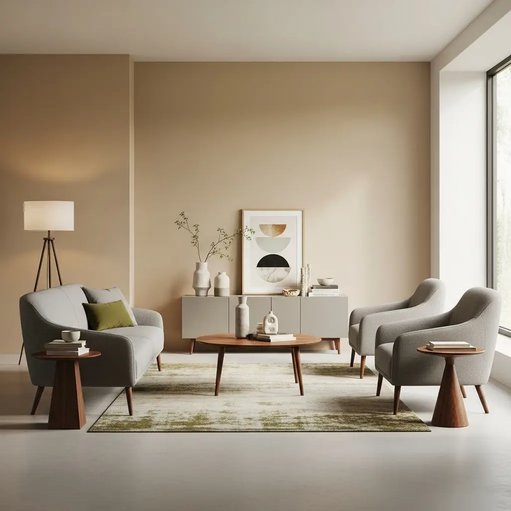  Mid-century modern home decor style with functional furniture and muted colors.
