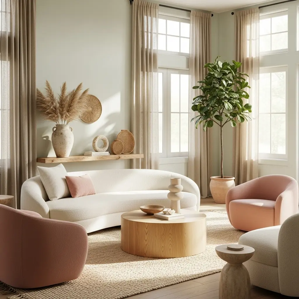  French country home decor style with soft colors, curved furniture, and rustic elegance.
