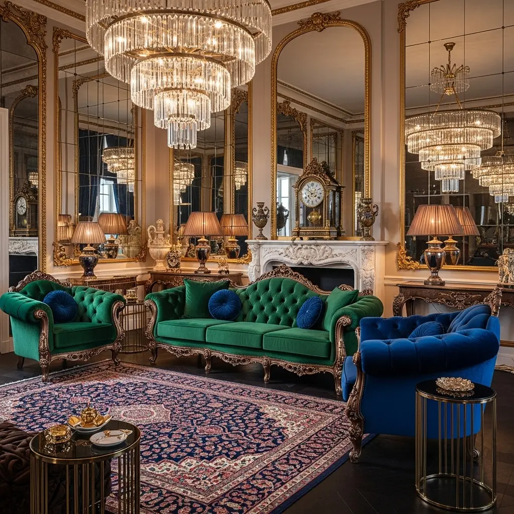 Hollywood glam home decor style with velvet, mirrors, and polished metals.
