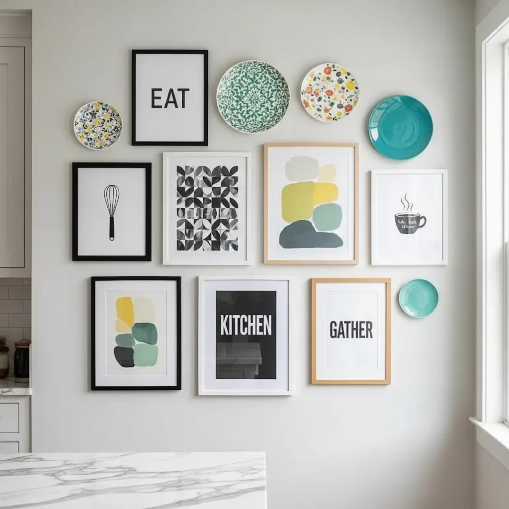 Creative kitchen wall decor ideas with gallery wall and mixed frames