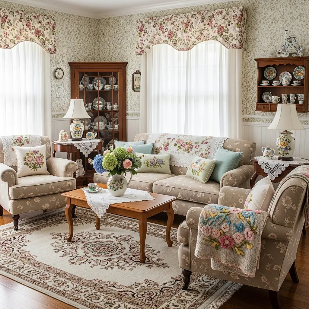  Country home decor style featuring soft colors, floral patterns, and handmade items.