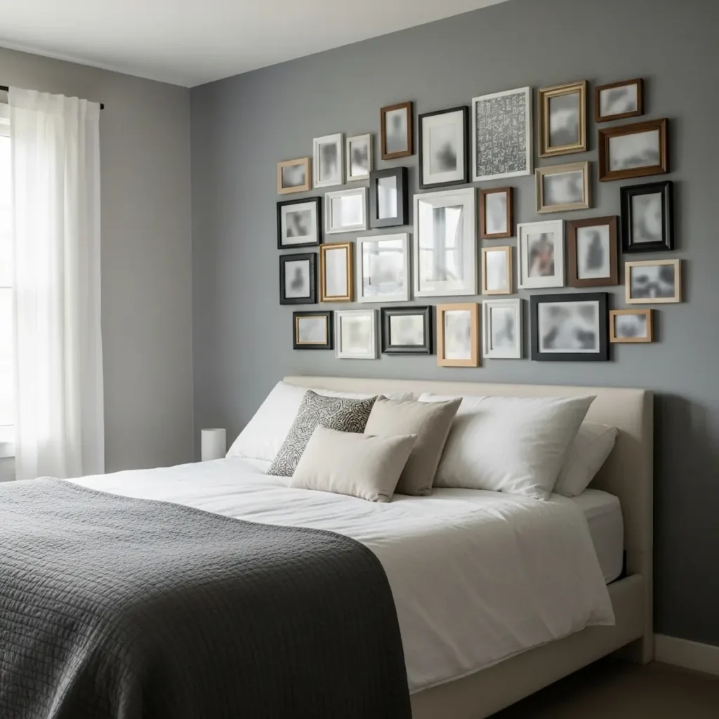 Overcrowded bedroom wall with mismatched decor showing decorating mistakes
