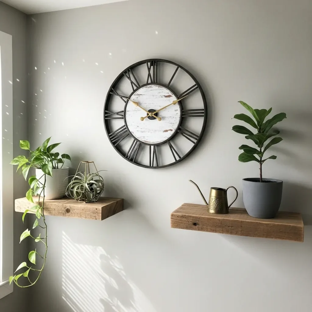  Decorative wall clocks and shelves for living room wall styling