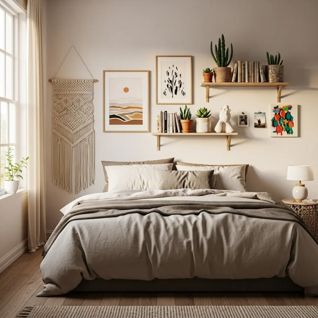  Modern bedroom wall decor with artwork and shelves
