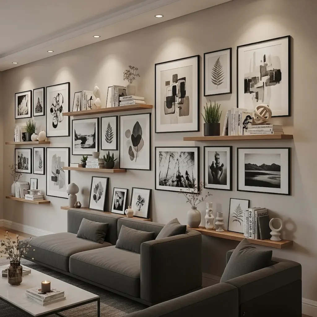  How to decorate a long wall in living room with symmetry and spacing
