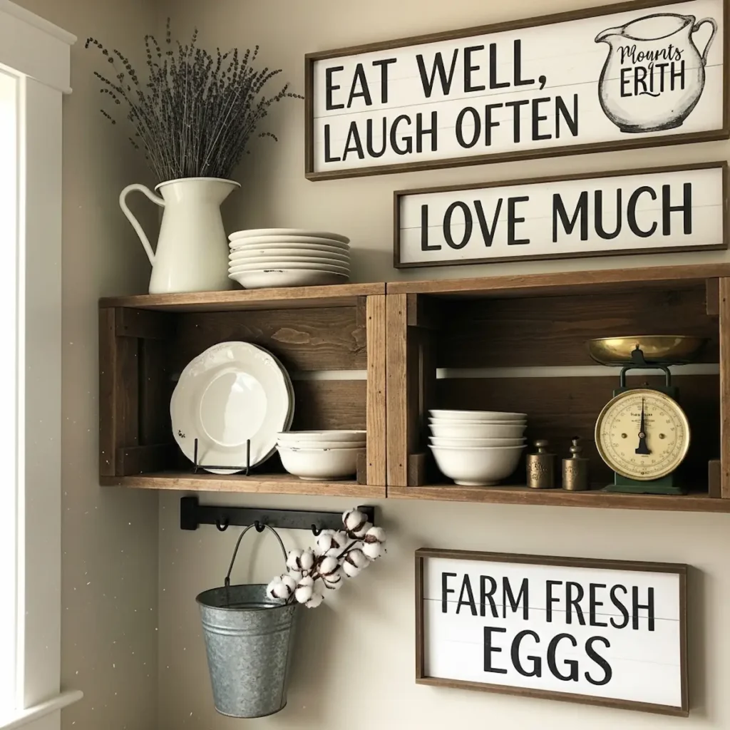 Farmhouse kitchen wall decor ideas with wooden signs and rustic shelves