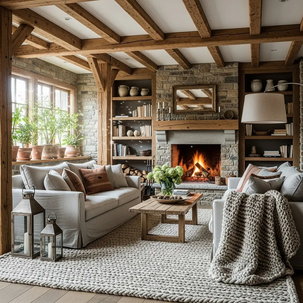 Rustic home decor style with natural wood, stone, and earthy textures.