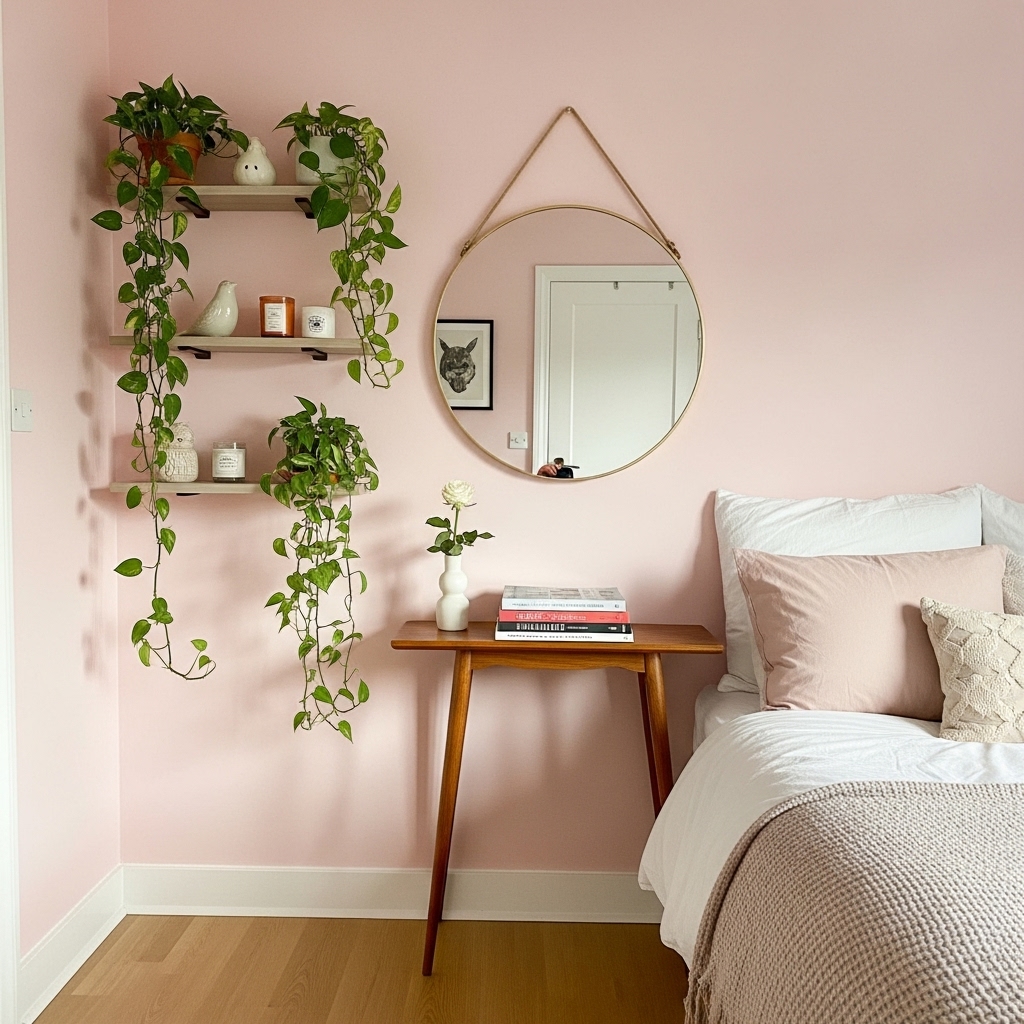 Space-smart small bedroom wall decor with light colors, round mirror, and floating shelves
