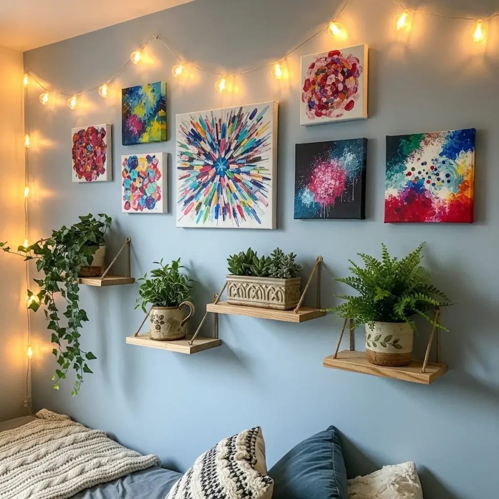  Budget-friendly DIY bedroom wall decor with handmade canvas art and string lights
