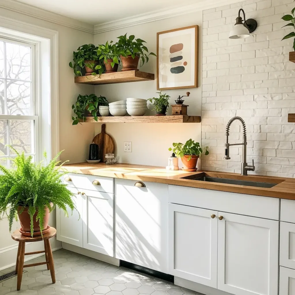 Stylish kitchen wall decor ideas with framed art and shelves